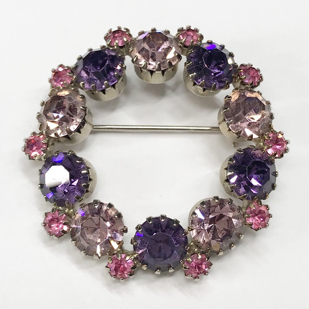 VTG Rhodium Plated Pastel Pink Purple Amethyst Brooch Rhinestones Silver Tone